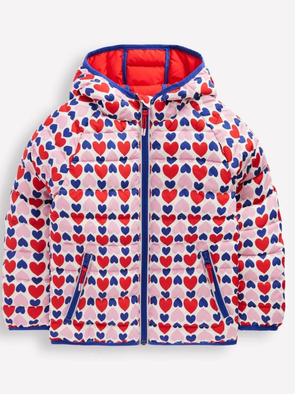 Mini Boden Pack-Away Padded Jacket vibrant heart print hooded puffer size 13/14